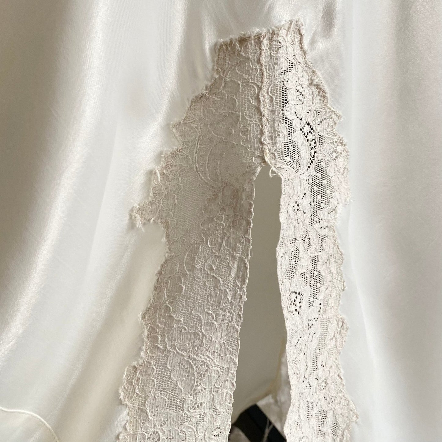 Vintage 1940's Nightgown | Pearly White Rayon Satin with Ivory Floral Cotton Lace & Center Slit | Size S, M | Sleepy Suzy - Daggers & Dames