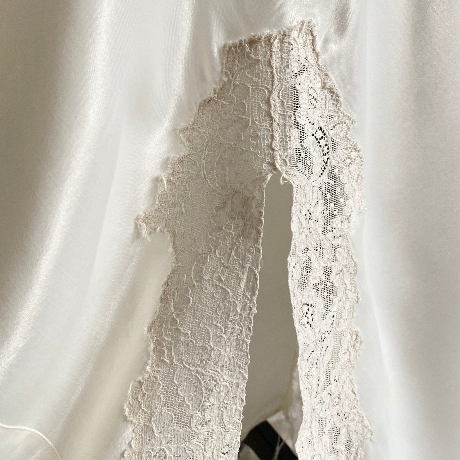 Vintage 1940's Nightgown | Pearly White Rayon Satin with Ivory Floral Cotton Lace & Center Slit | Size S, M | Sleepy Suzy - Daggers & Dames
