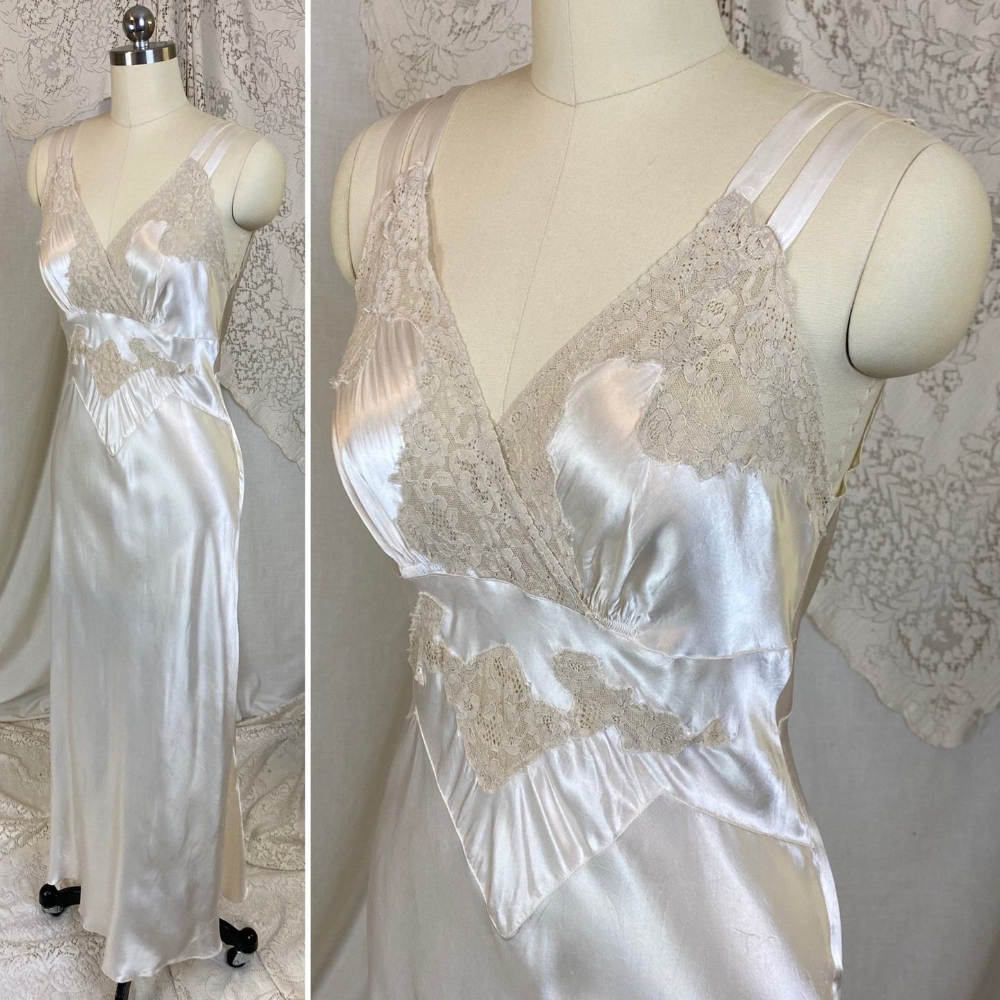 Vintage 1940's Nightgown | Pearly White Rayon Satin with Light Nude Lace | Size XS, S - Daggers & Dames