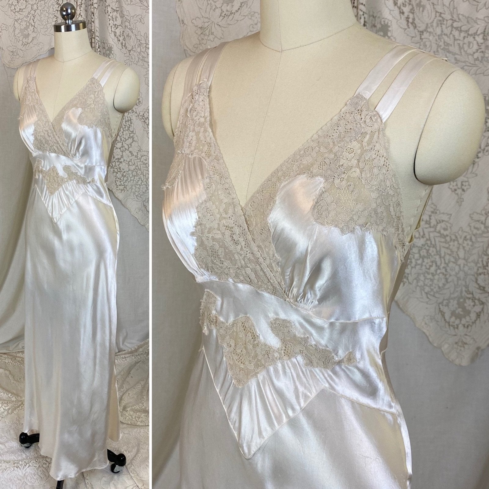 Vintage 1940's Nightgown | Pearly White Rayon Satin with Light Nude Lace | Size XS, S - Daggers & Dames