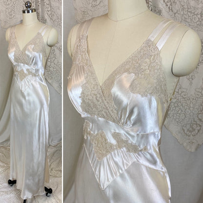 Vintage 1940's Nightgown | Pearly White Rayon Satin with Light Nude Lace | Size XS, S - Daggers & Dames