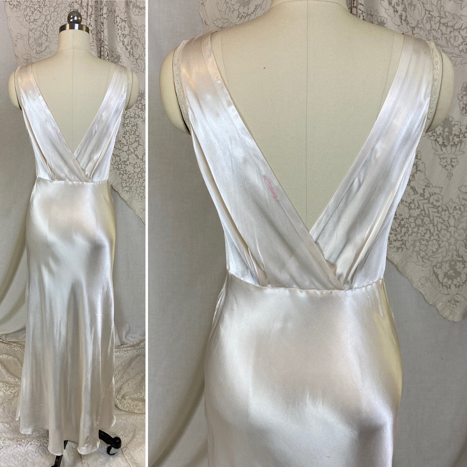 Vintage 1940's Nightgown | Pearly White Rayon Satin with Light Nude Lace | Size XS, S - Daggers & Dames