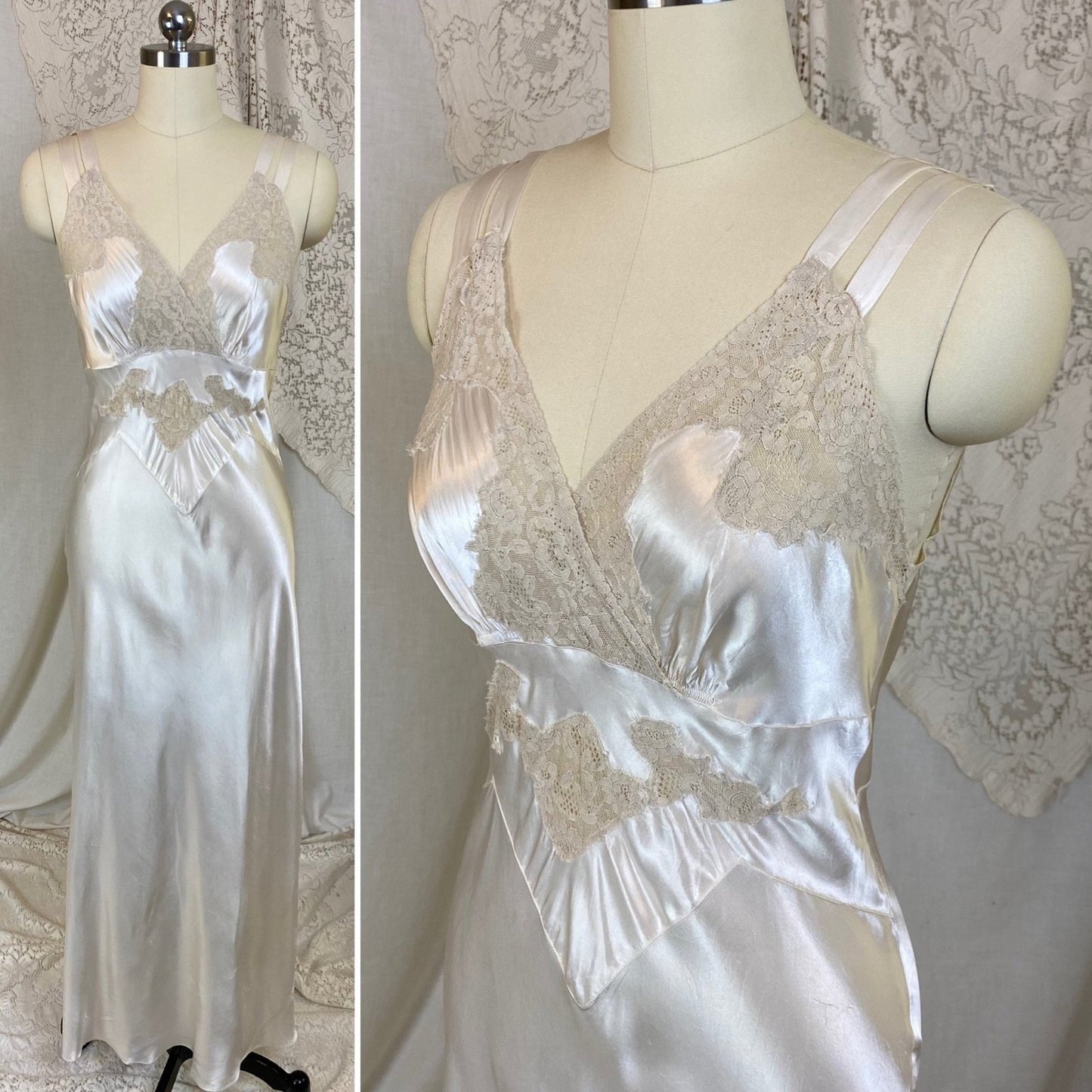 Vintage 1940's Nightgown | Pearly White Rayon Satin with Light Nude Lace | Size XS, S - Daggers & Dames