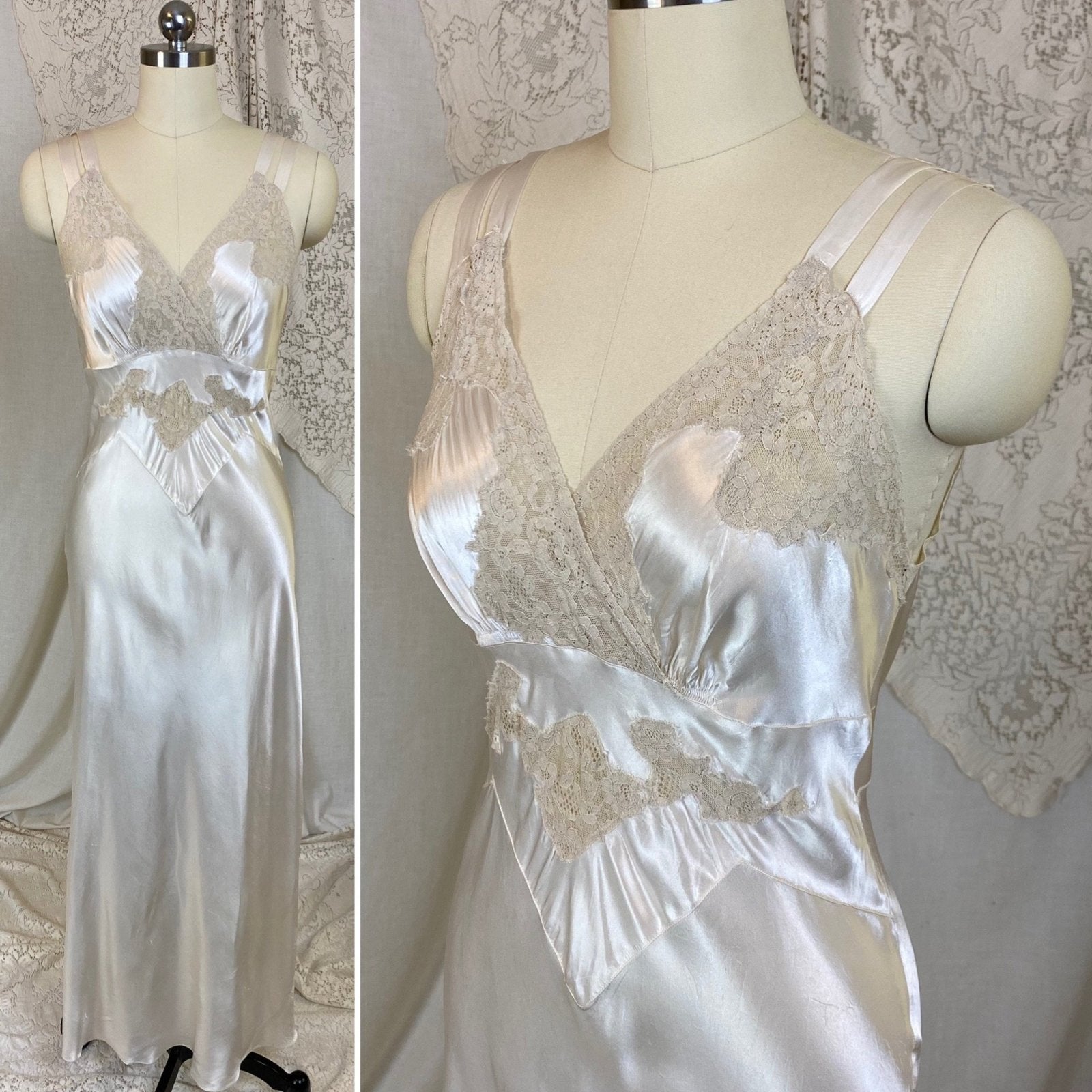 Vintage 1940's Nightgown | Pearly White Rayon Satin with Light Nude Lace | Size XS, S - Daggers & Dames