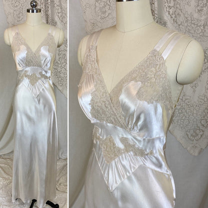 Vintage 1940's Nightgown | Pearly White Rayon Satin with Light Nude Lace | Size XS, S - Daggers & Dames