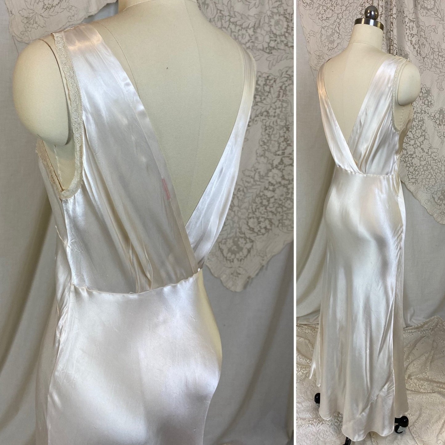 Vintage 1940's Nightgown | Pearly White Rayon Satin with Light Nude Lace | Size XS, S - Daggers & Dames