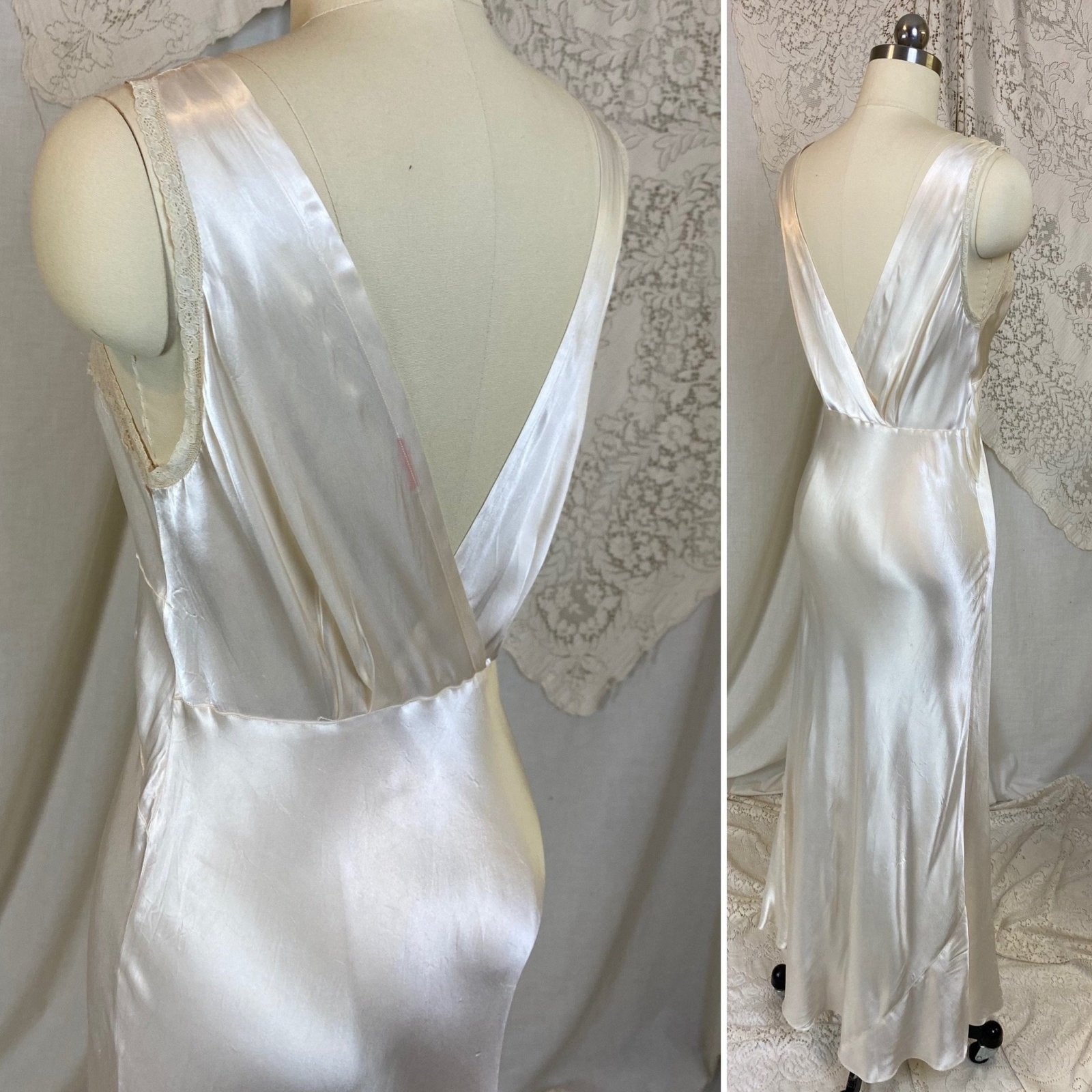 Vintage 1940's Nightgown | Pearly White Rayon Satin with Light Nude Lace | Size XS, S - Daggers & Dames