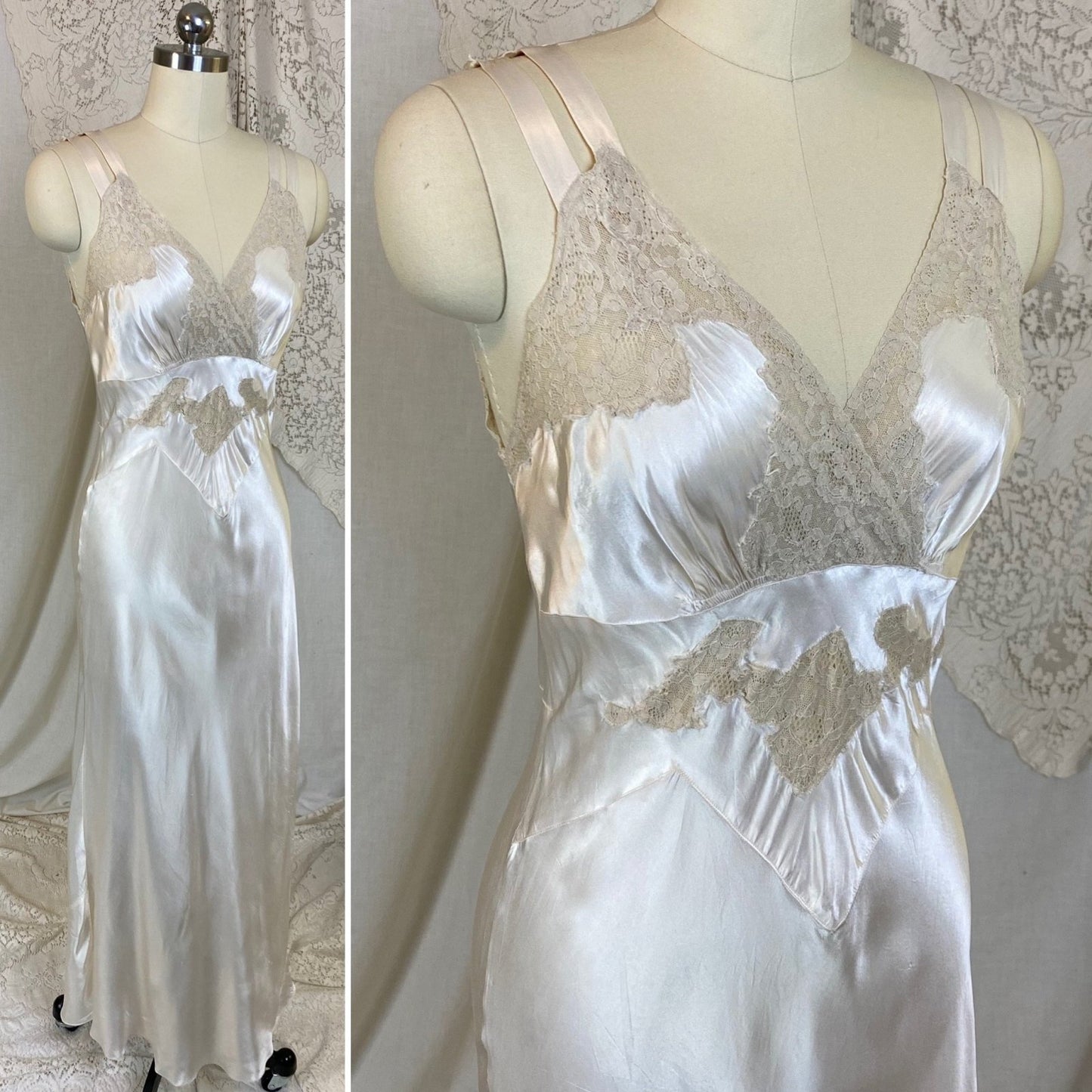 Vintage 1940's Nightgown | Pearly White Rayon Satin with Light Nude Lace | Size XS, S - Daggers & Dames