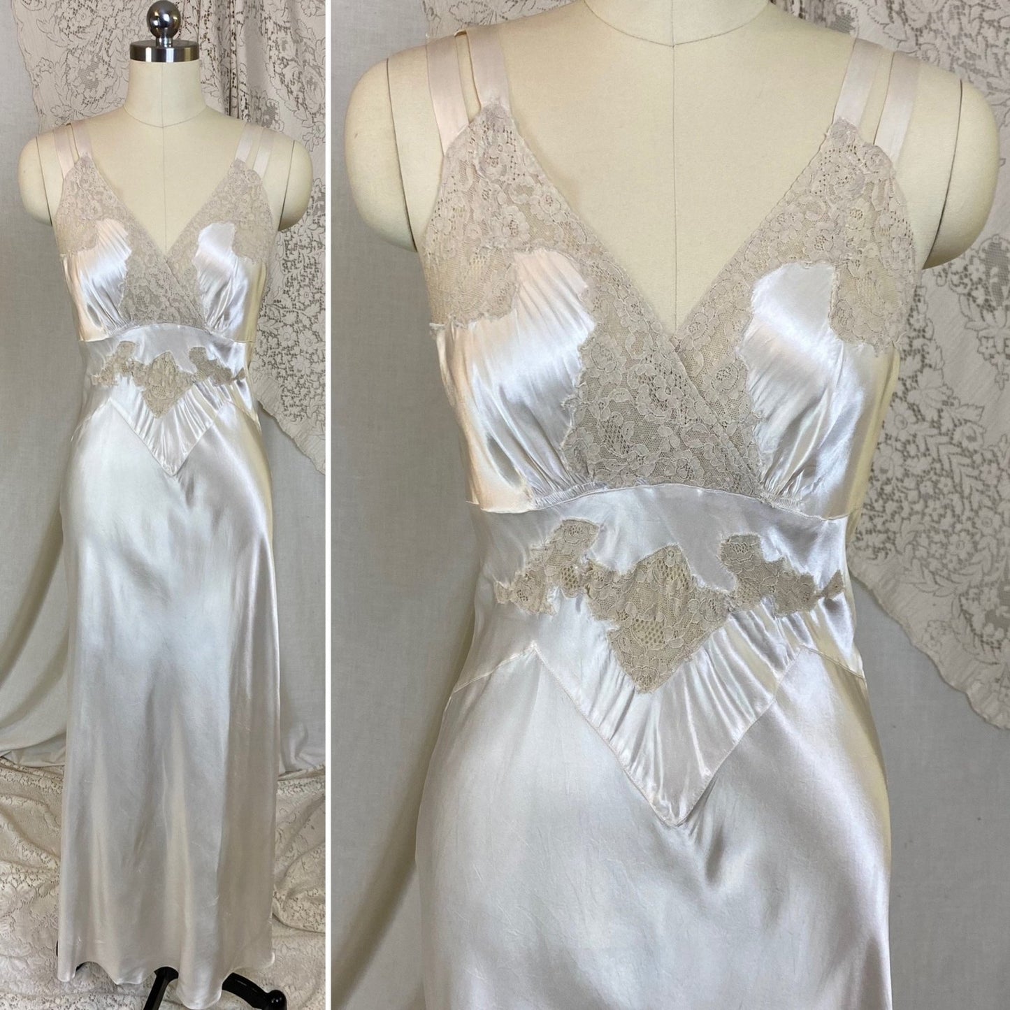 Vintage 1940's Nightgown | Pearly White Rayon Satin with Light Nude Lace | Size XS, S - Daggers & Dames
