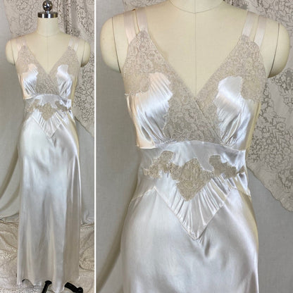Vintage 1940's Nightgown | Pearly White Rayon Satin with Light Nude Lace | Size XS, S - Daggers & Dames
