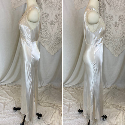 Vintage 1940's Nightgown | Pearly White Rayon Satin with Light Nude Lace | Size XS, S - Daggers & Dames