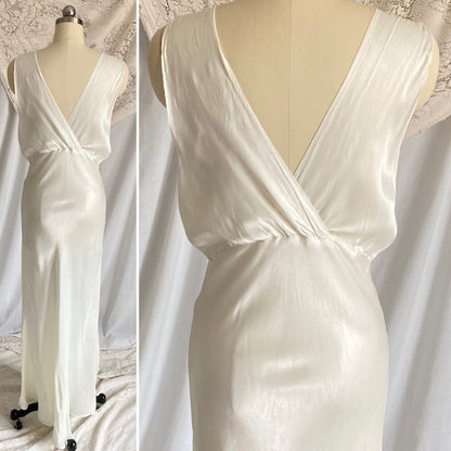 Vintage 1940's Nightgown | Pearly White Rayon Satin with Ruffled Cotton Floral Lace | Size S, M - Daggers & Dames