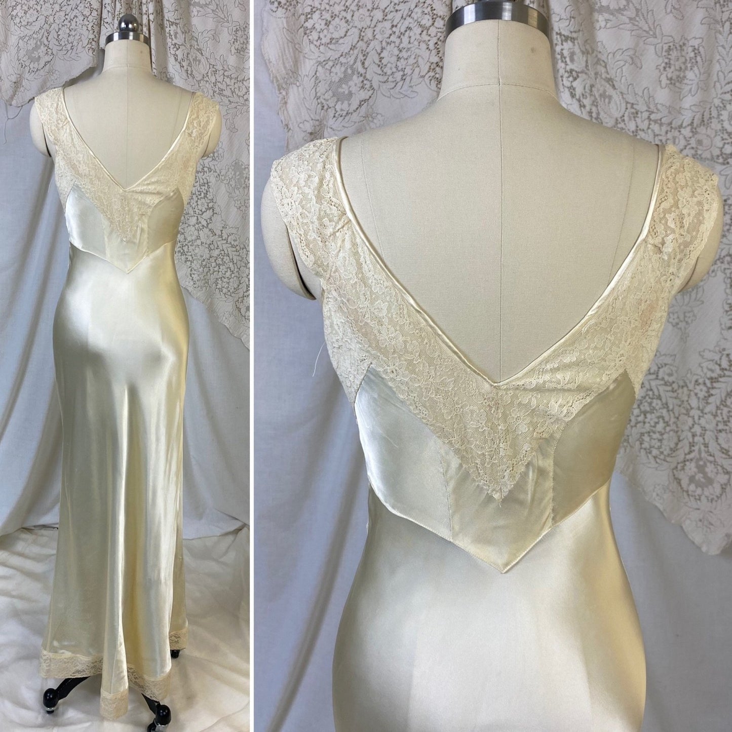 Vintage 1940's Nightgown & Peignoir Set | Champagne Rayon Satin with Sheer Lace Insets | Size XS - Daggers & Dames