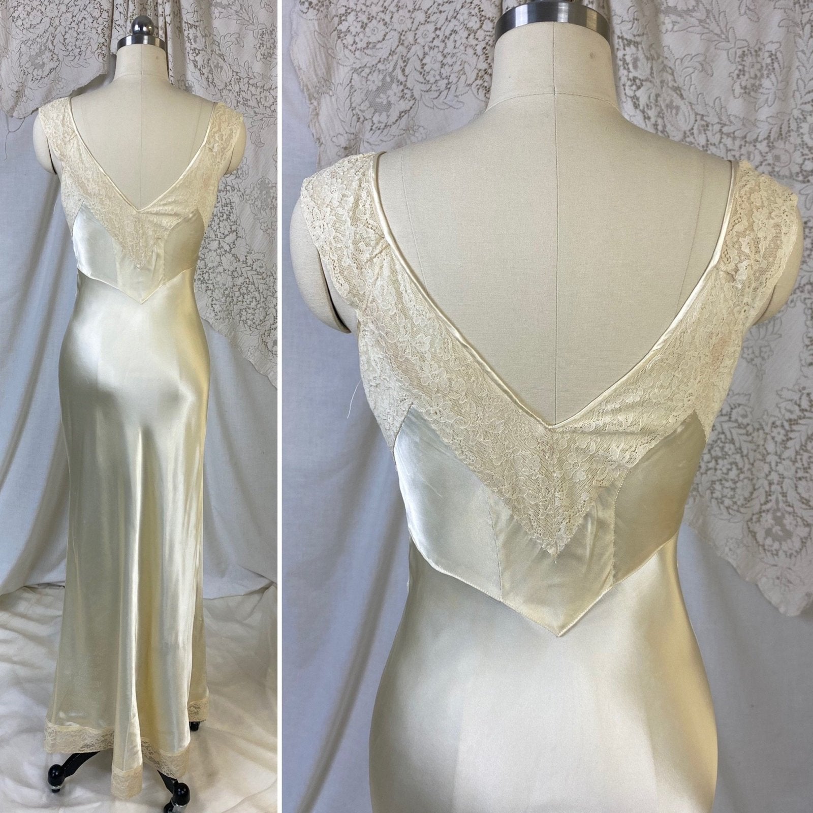 Vintage 1940's Nightgown & Peignoir Set | Champagne Rayon Satin with Sheer Lace Insets | Size XS - Daggers & Dames