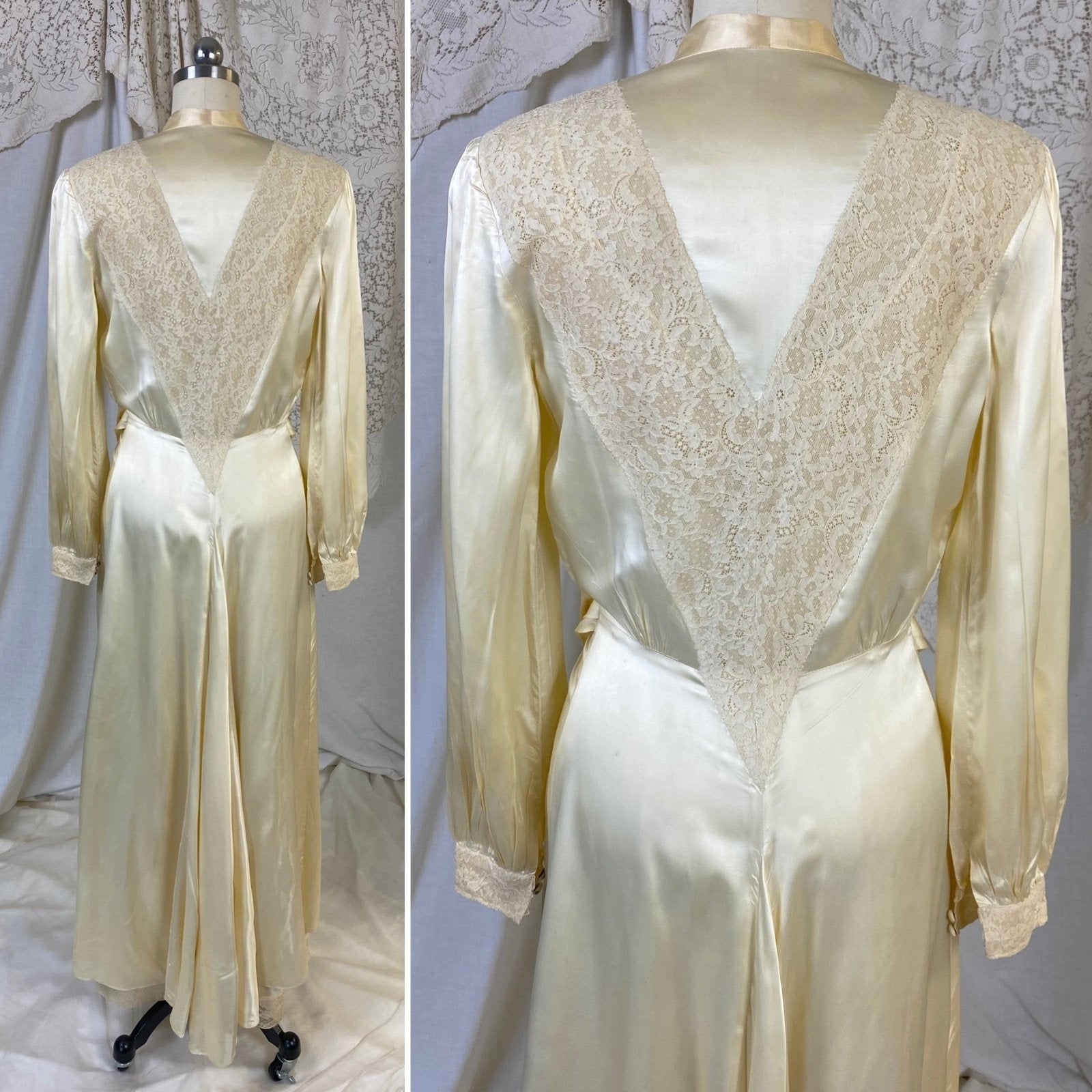Vintage 1940's Nightgown & Peignoir Set | Champagne Rayon Satin with Sheer Lace Insets | Size XS - Daggers & Dames