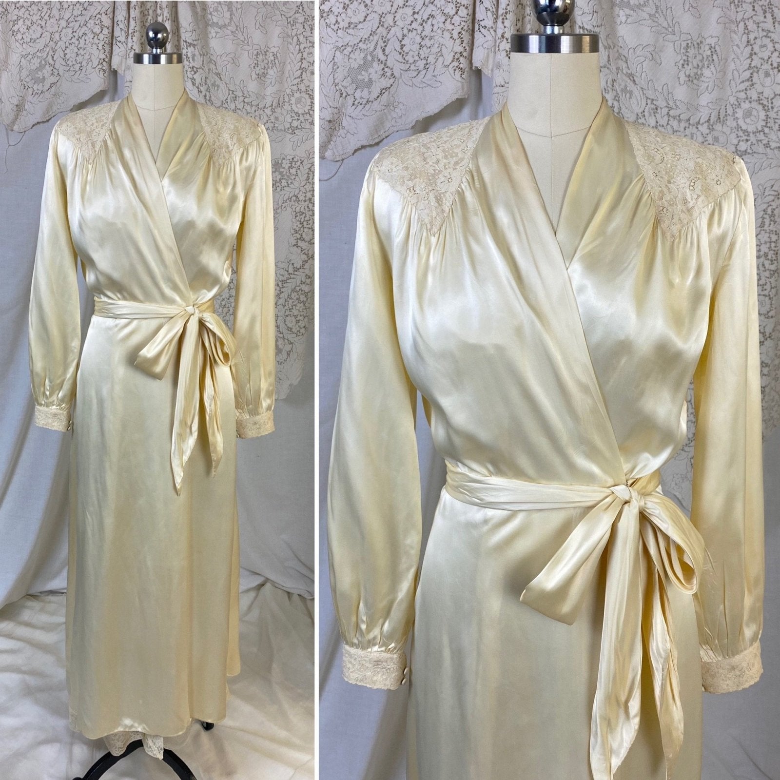 Vintage 1940's Nightgown & Peignoir Set | Champagne Rayon Satin with Sheer Lace Insets | Size XS - Daggers & Dames