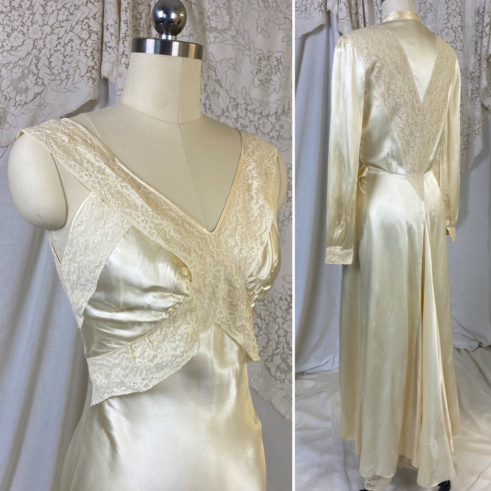 Vintage 1940's Nightgown & Peignoir Set | Champagne Rayon Satin with Sheer Lace Insets | Size XS - Daggers & Dames