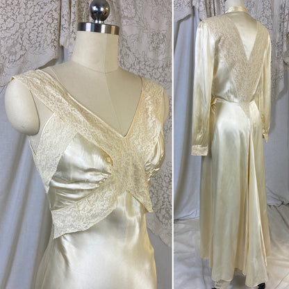 Vintage 1940's Nightgown & Peignoir Set | Champagne Rayon Satin with Sheer Lace Insets | Size XS - Daggers & Dames