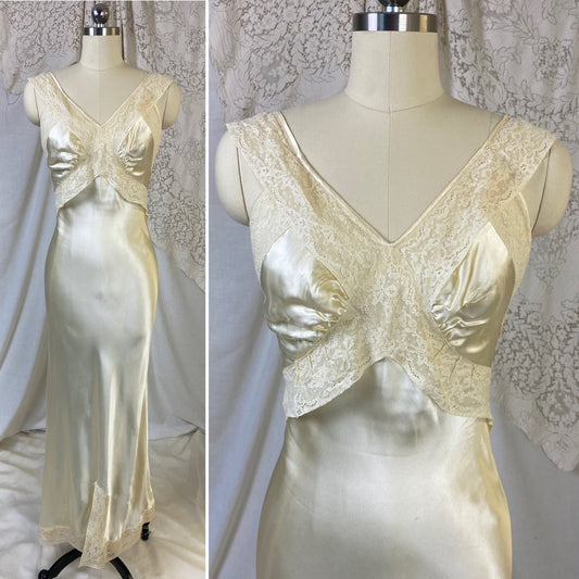 Vintage 1940's Nightgown & Peignoir Set | Champagne Rayon Satin with Sheer Lace Insets | Size XS - Daggers & Dames