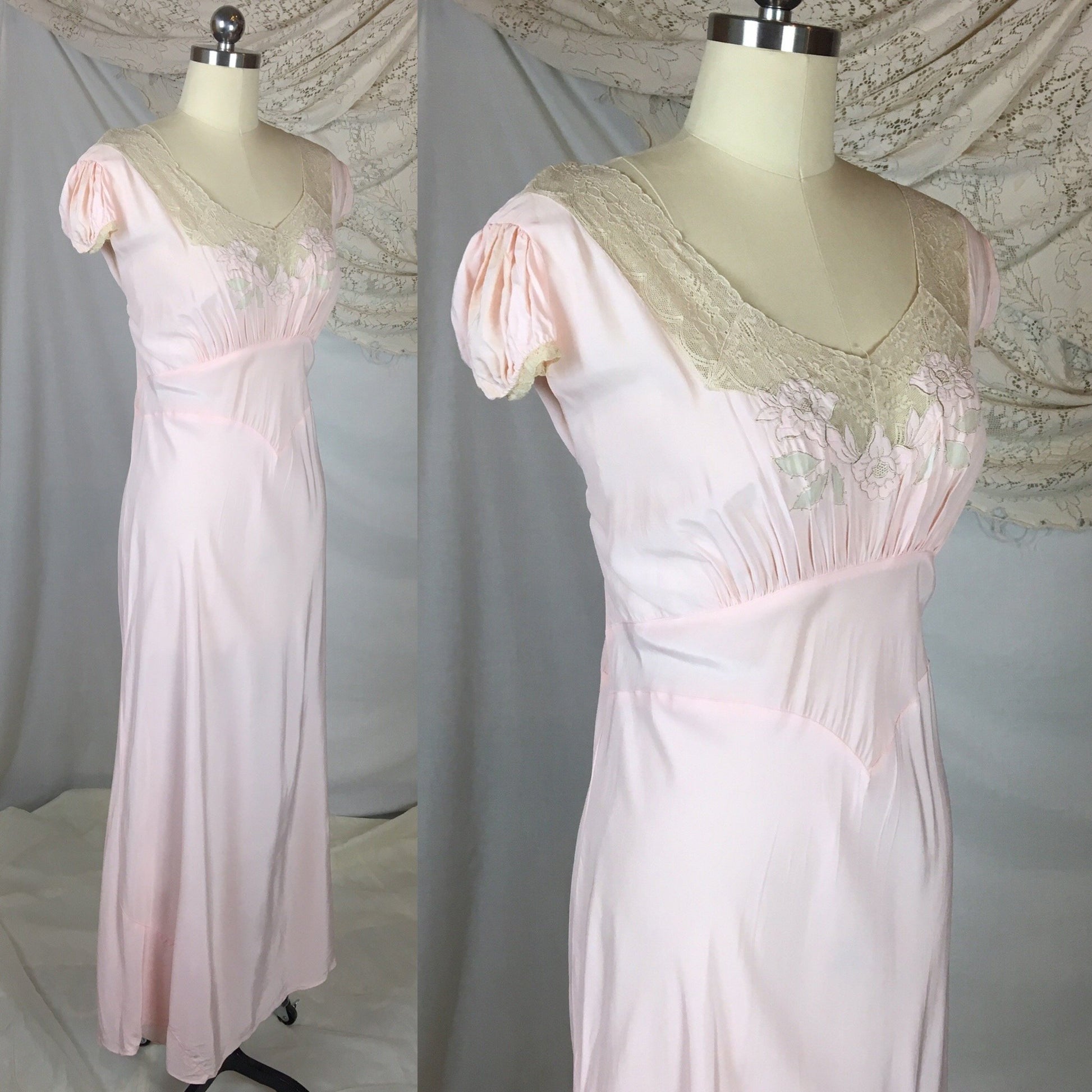 Vintage 1940's Nightgown | Powder Pink Rayon with Ecru Lace & Embroidered Flower Applique | Size XXL - Daggers & Dames