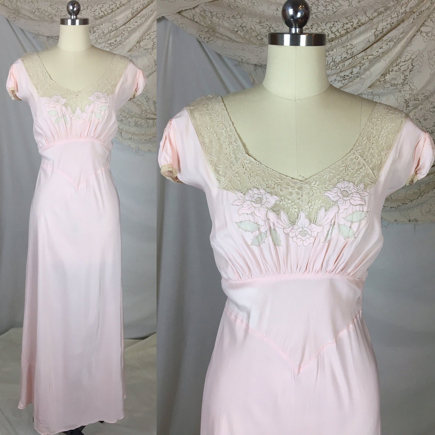 Vintage 1940's Nightgown | Powder Pink Rayon with Ecru Lace & Embroidered Flower Applique | Size XXL - Daggers & Dames