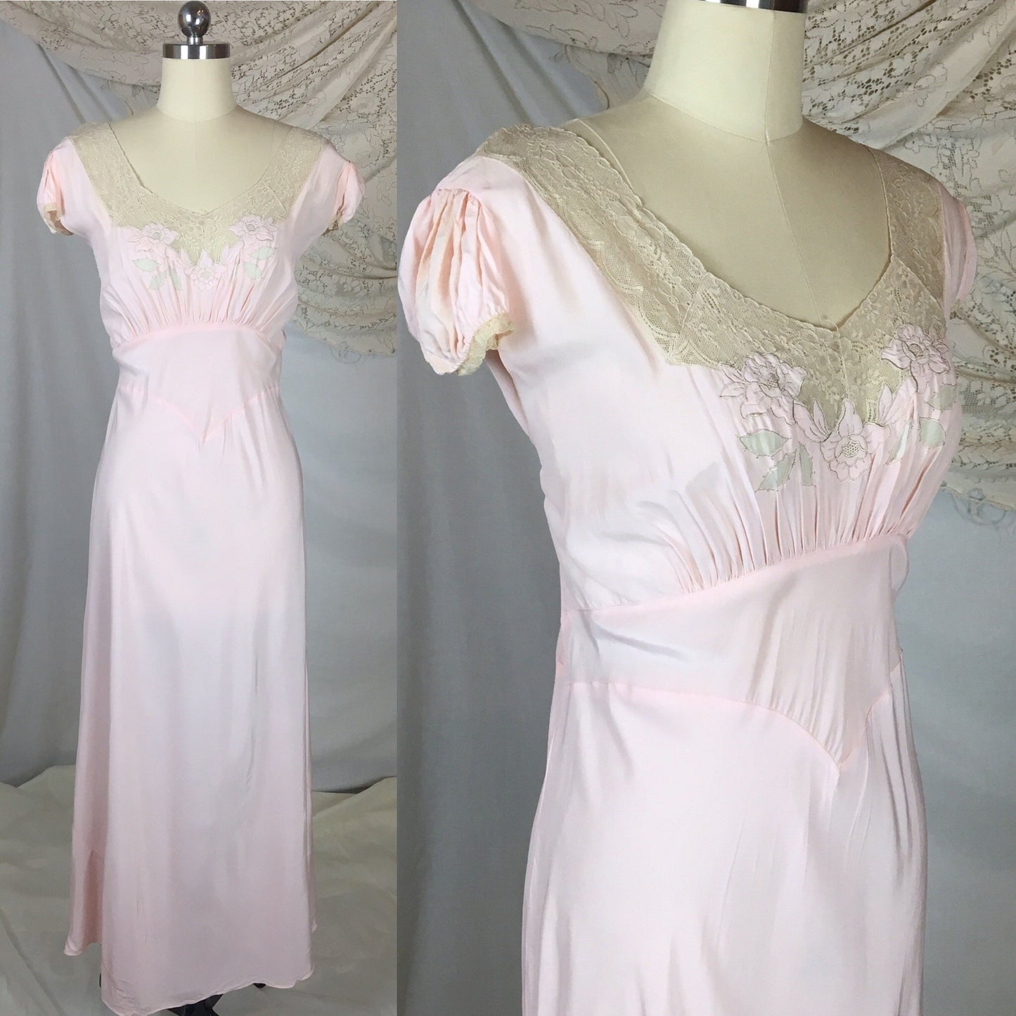 Vintage 1940's Nightgown | Powder Pink Rayon with Ecru Lace & Embroidered Flower Applique | Size XXL - Daggers & Dames