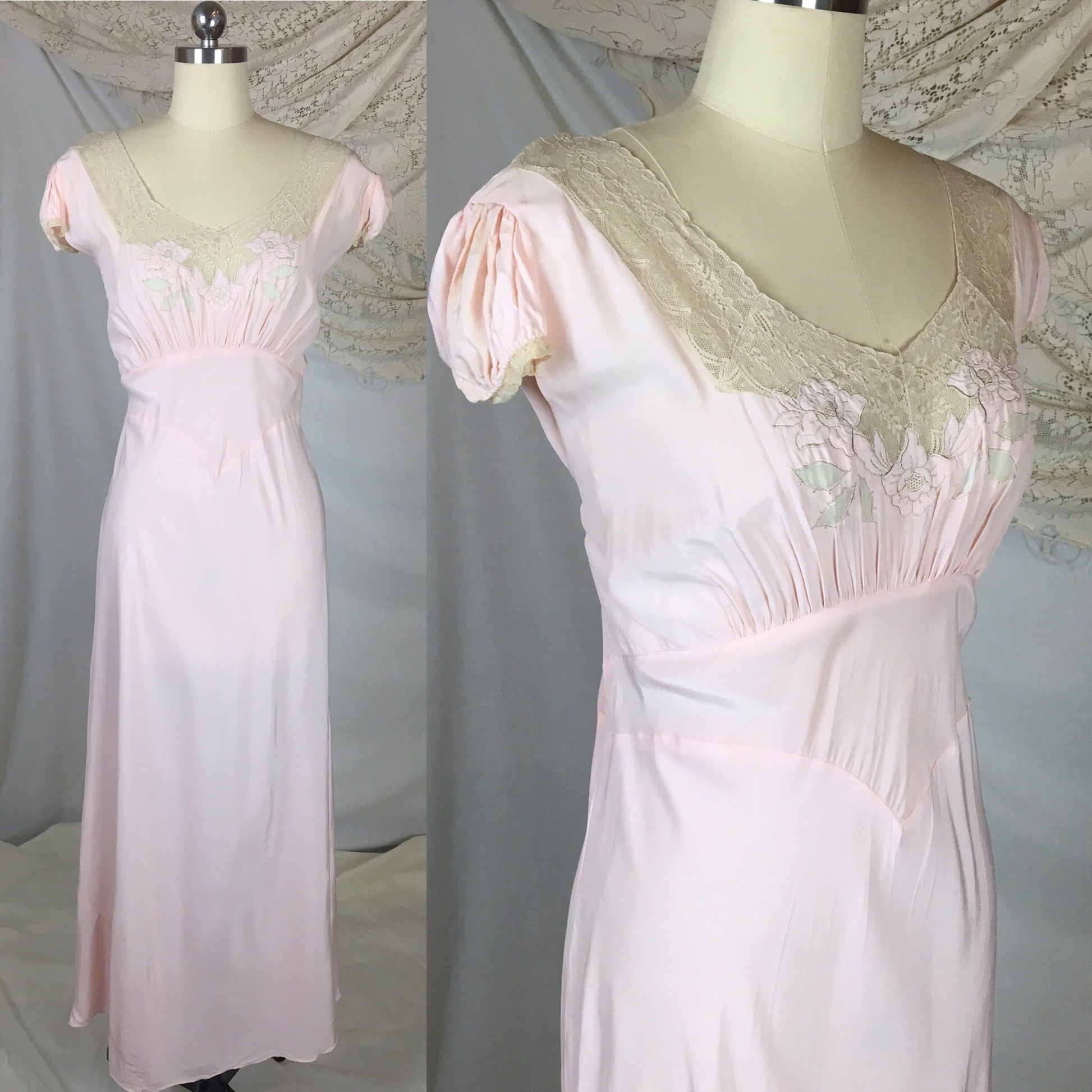 Vintage 1940's Nightgown | Powder Pink Rayon with Ecru Lace & Embroidered Flower Applique | Size XXL - Daggers & Dames