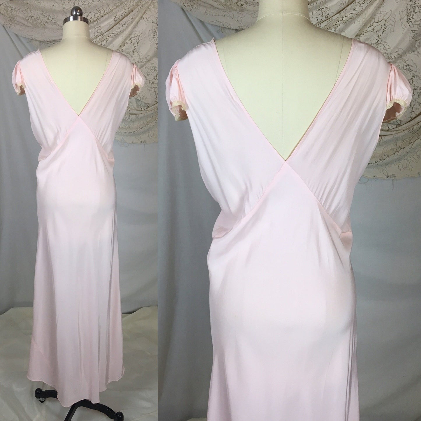 Vintage 1940's Nightgown | Powder Pink Rayon with Ecru Lace & Embroidered Flower Applique | Size XXL - Daggers & Dames