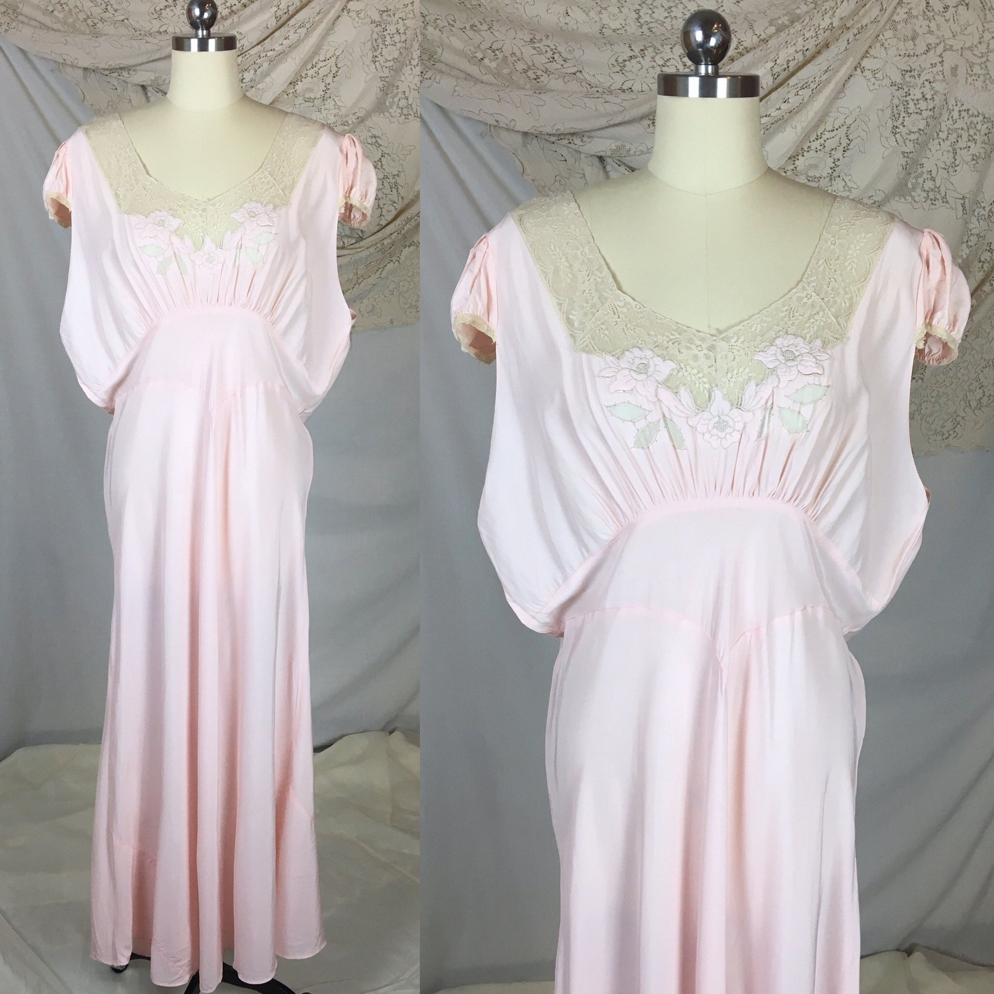 Vintage 1940's Nightgown | Powder Pink Rayon with Ecru Lace & Embroidered Flower Applique | Size XXL - Daggers & Dames