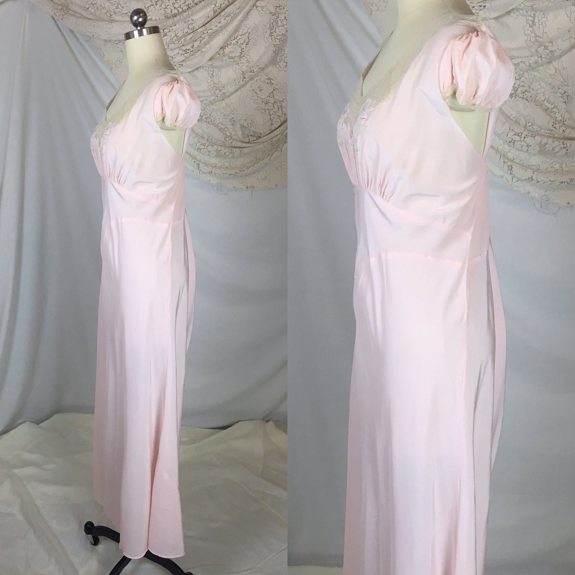 Vintage 1940's Nightgown | Powder Pink Rayon with Ecru Lace & Embroidered Flower Applique | Size XXL - Daggers & Dames