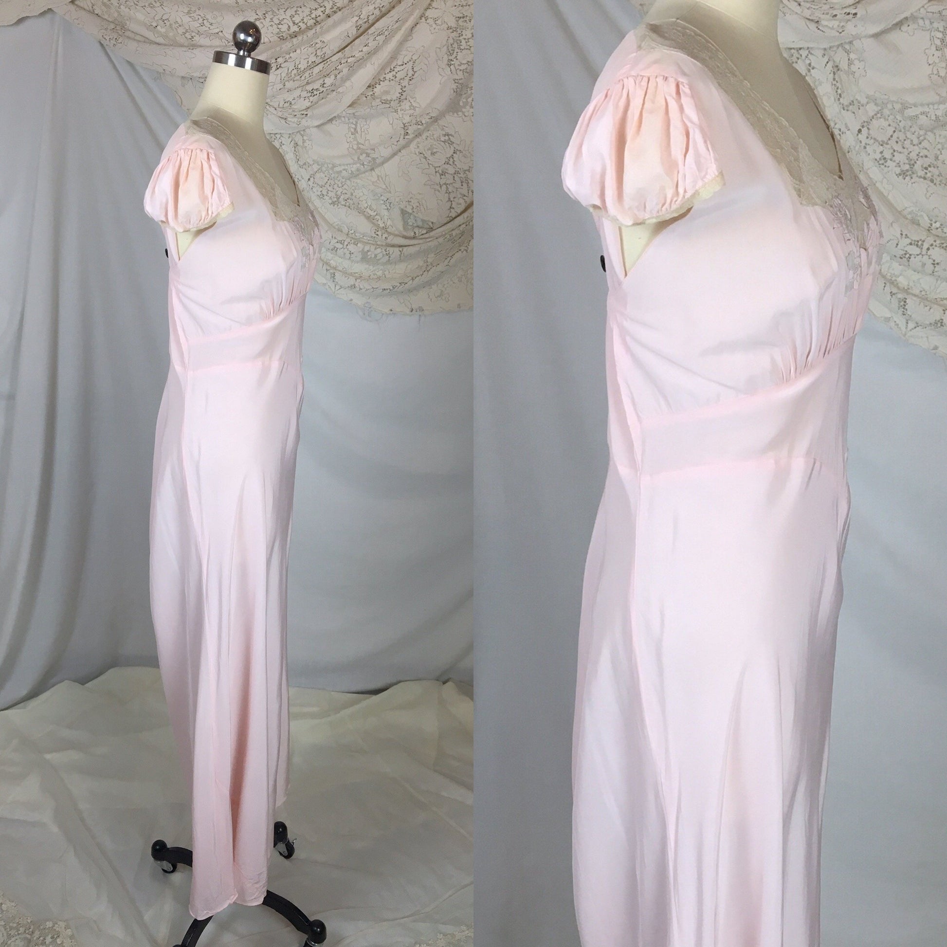 Vintage 1940's Nightgown | Powder Pink Rayon with Ecru Lace & Embroidered Flower Applique | Size XXL - Daggers & Dames
