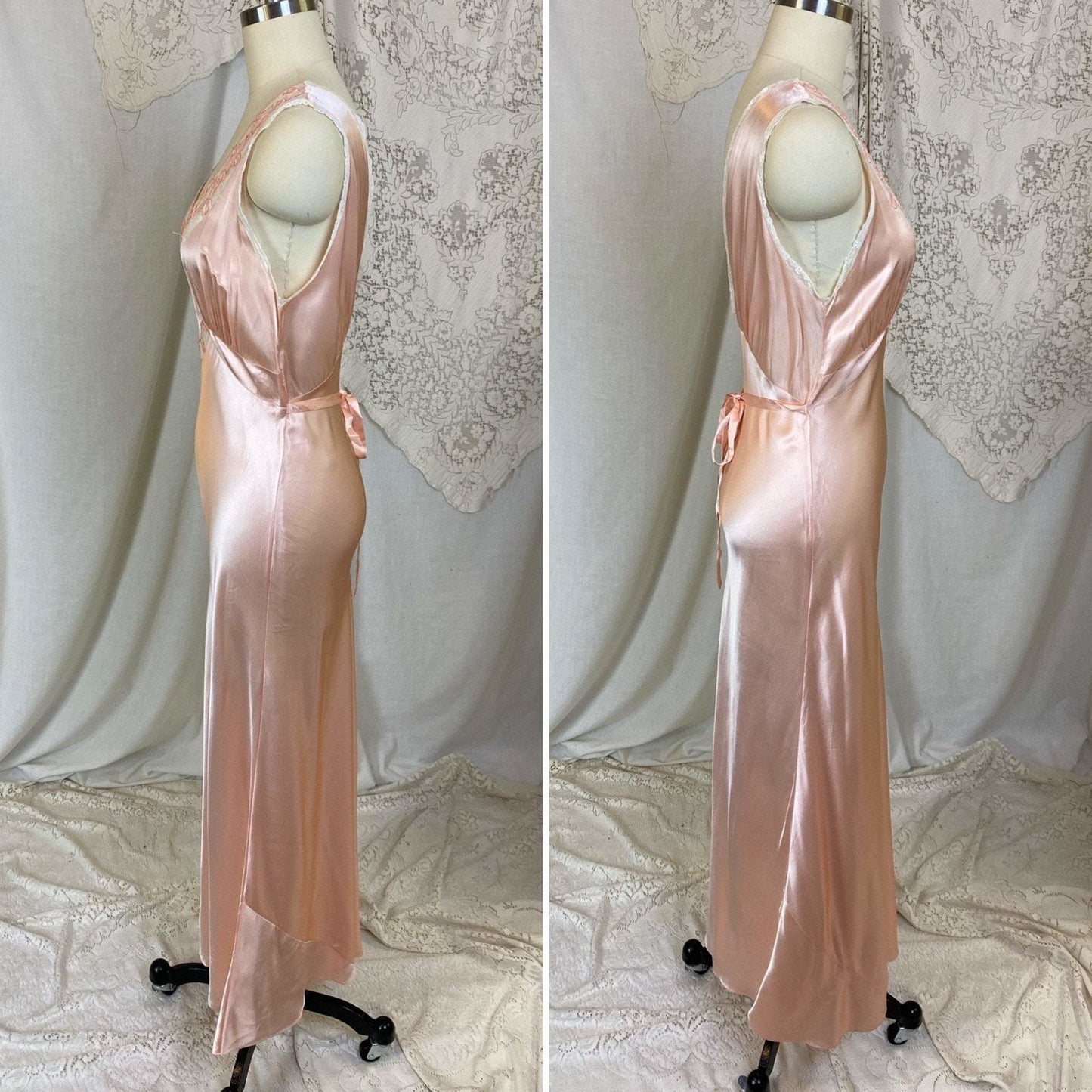 Vintage 1940's Nightgown | Rich Hand Stitched Silk Satin with Cream Lace | Size S, M | Yolande - Daggers & Dames