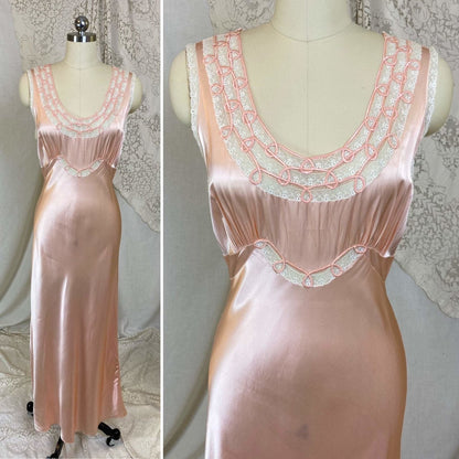 Vintage 1940's Nightgown | Rich Hand Stitched Silk Satin with Cream Lace | Size S, M | Yolande - Daggers & Dames