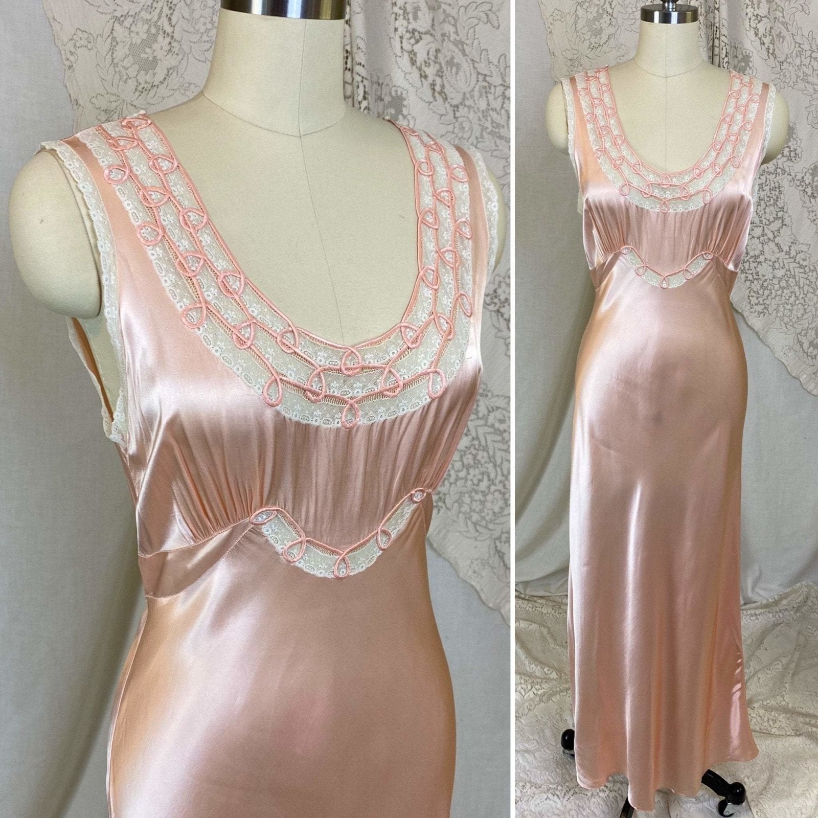 Vintage 1940's Nightgown | Rich Hand Stitched Silk Satin with Cream Lace | Size S, M | Yolande - Daggers & Dames