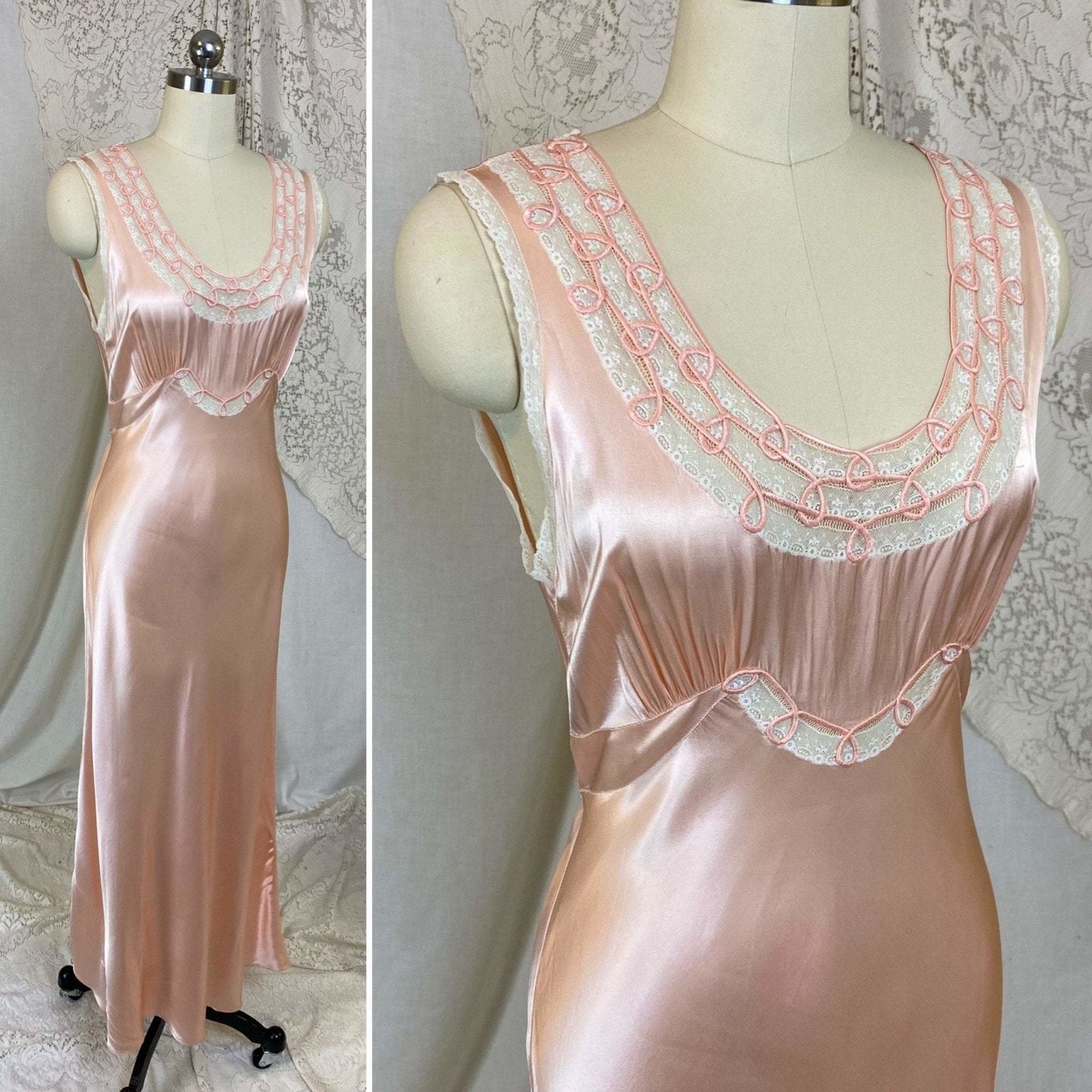 Vintage 1940's Nightgown | Rich Hand Stitched Silk Satin with Cream Lace | Size S, M | Yolande - Daggers & Dames