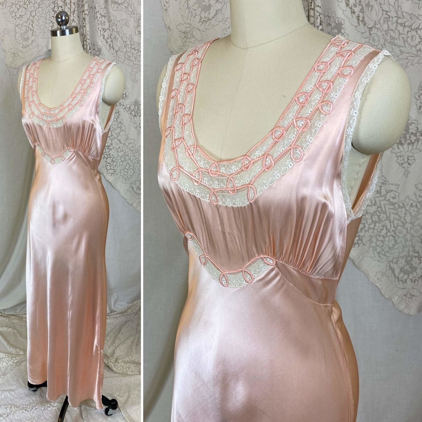 Vintage 1940's Nightgown | Rich Hand Stitched Silk Satin with Cream Lace | Size S, M | Yolande - Daggers & Dames