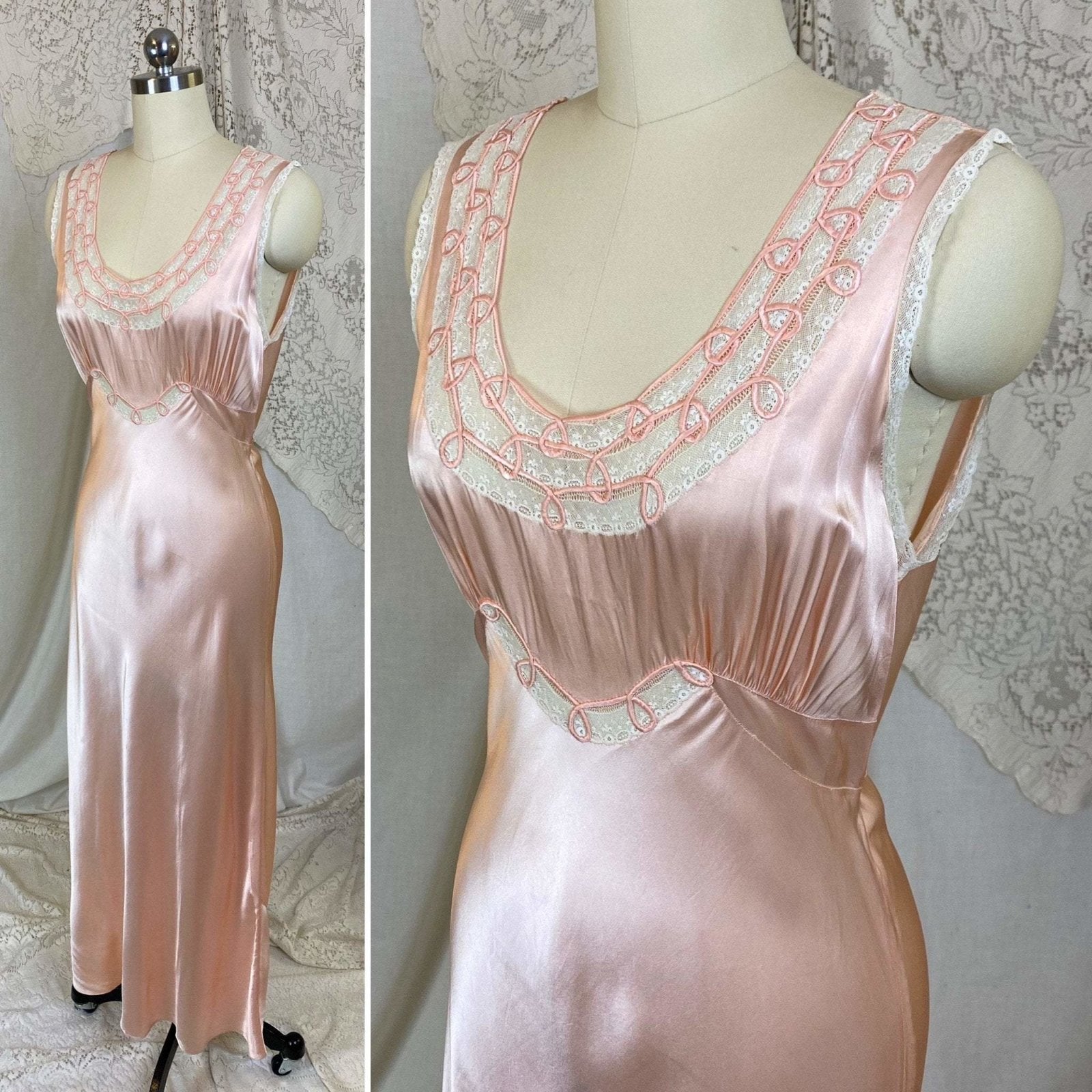 Vintage 1940's Nightgown | Rich Hand Stitched Silk Satin with Cream Lace | Size S, M | Yolande - Daggers & Dames