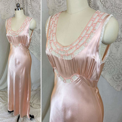 Vintage 1940's Nightgown | Rich Hand Stitched Silk Satin with Cream Lace | Size S, M | Yolande - Daggers & Dames