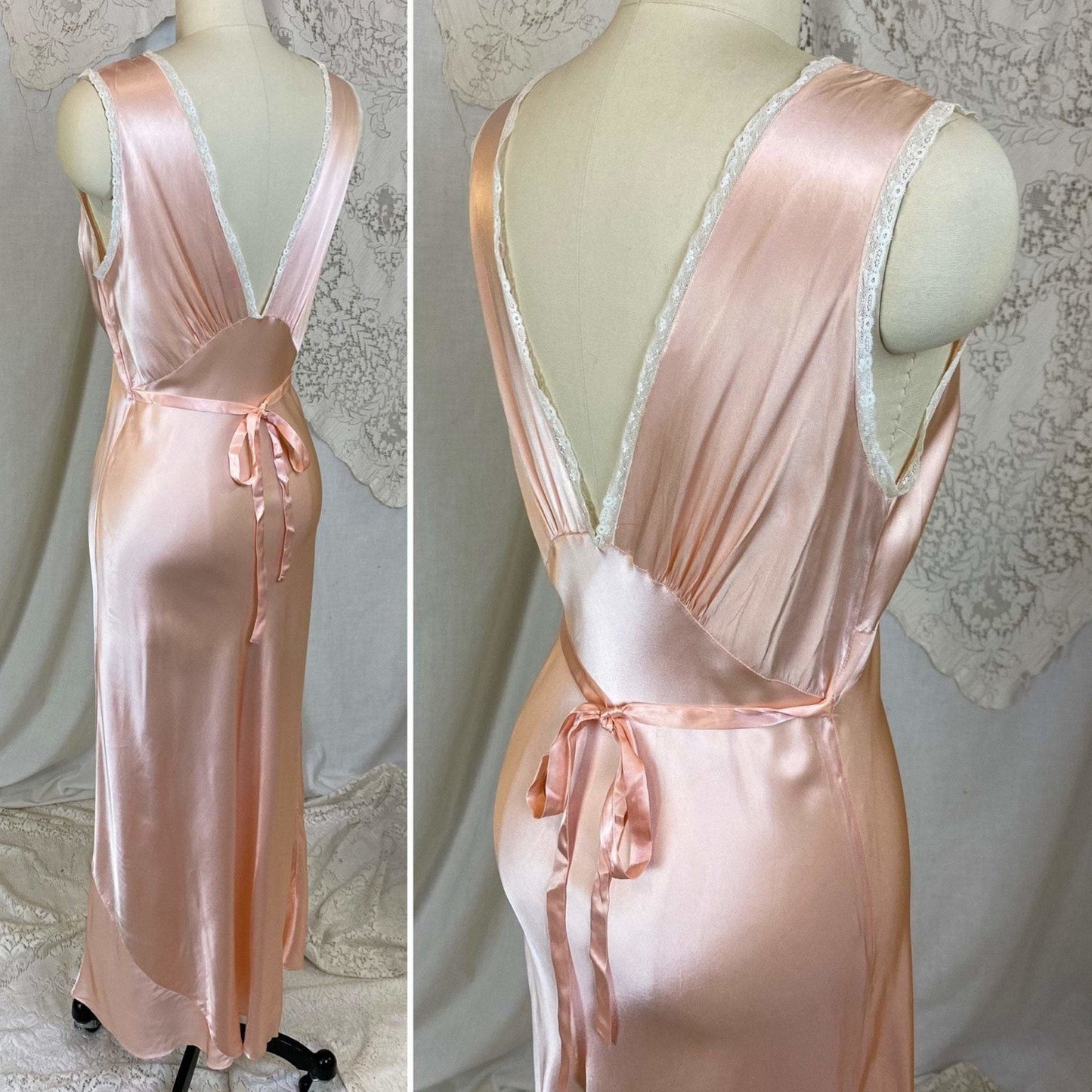 Vintage 1940's Nightgown | Rich Hand Stitched Silk Satin with Cream Lace | Size S, M | Yolande - Daggers & Dames