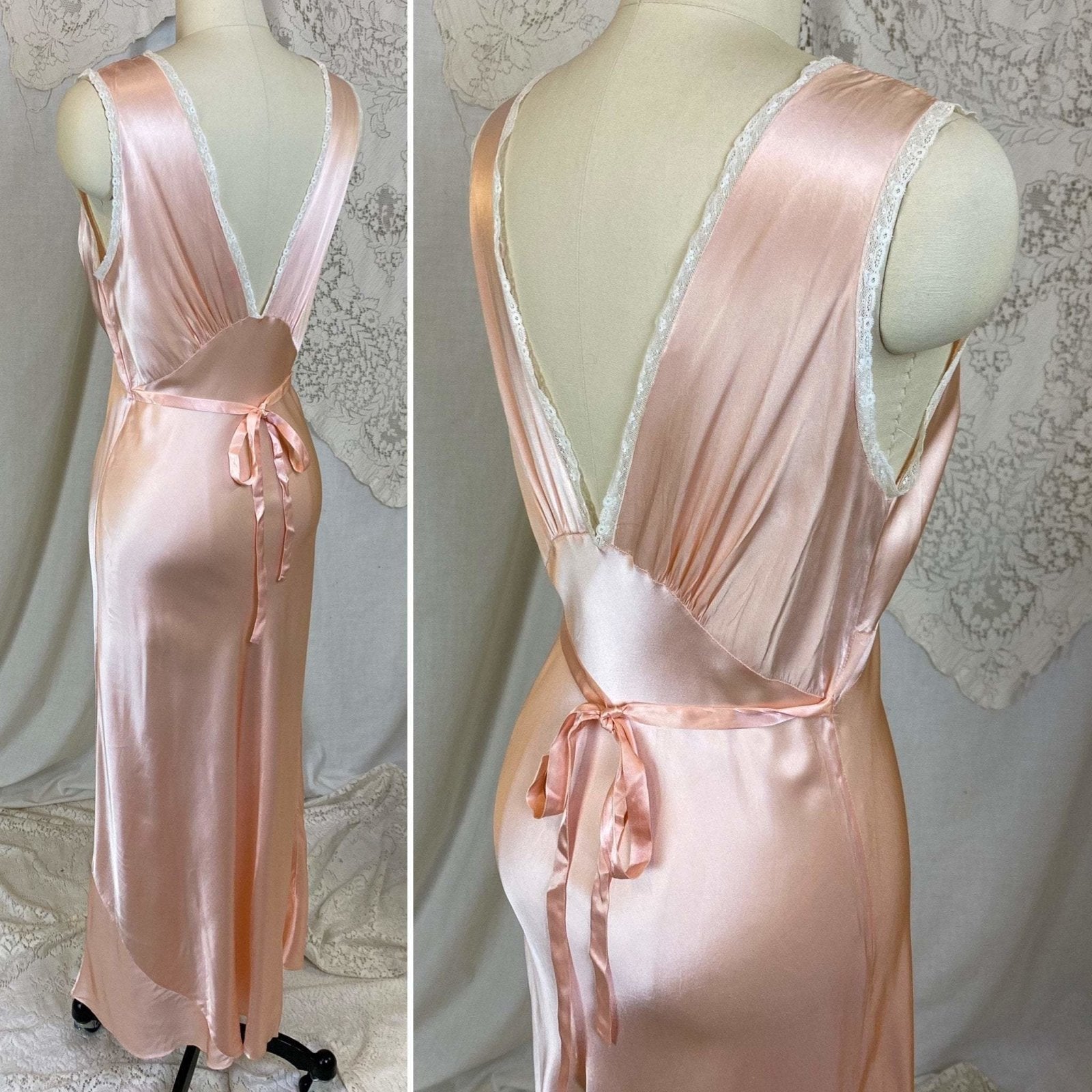 Vintage 1940's Nightgown | Rich Hand Stitched Silk Satin with Cream Lace | Size S, M | Yolande - Daggers & Dames