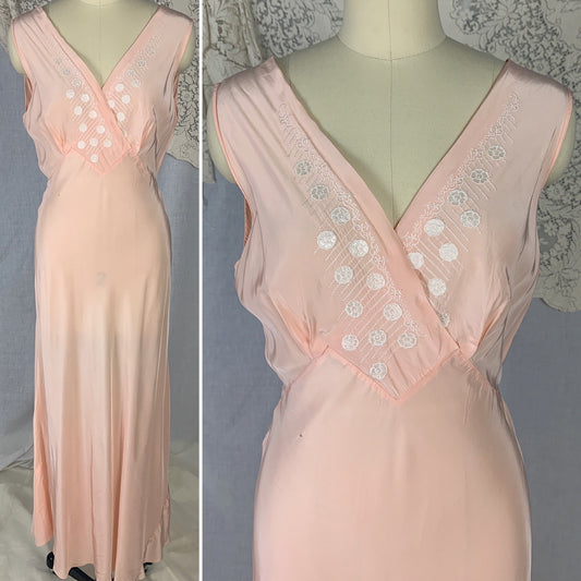 Vintage 1940's Nightgown | Rich Pink Rayon with White Floral Embroidery | Size M | Lady Duff - Daggers & Dames