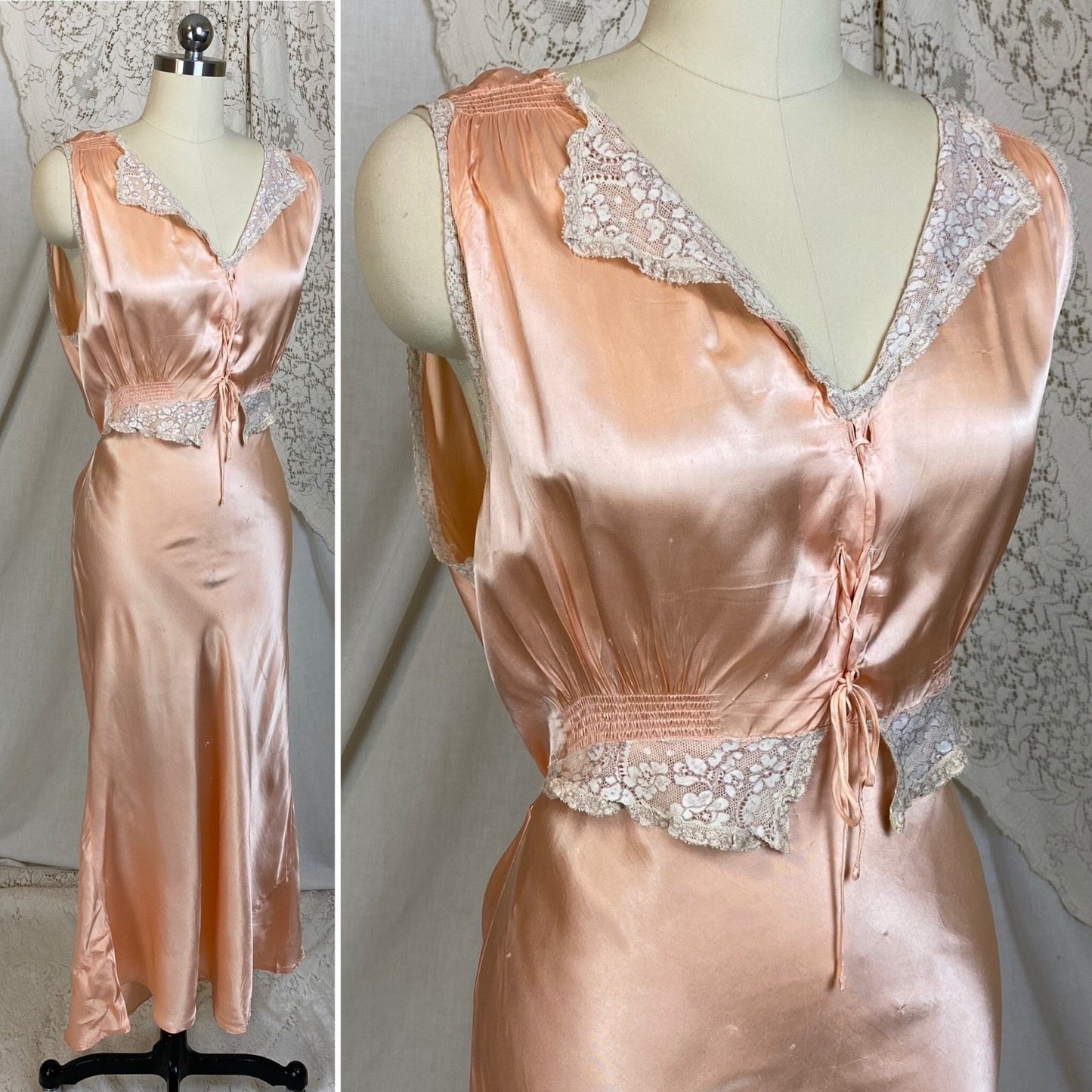 Vintage 1940's Nightgown | Rich Rose Gold Pink with Ruffled Lace & Lace-up Chest | Size M, LG | Betty Lou Lingerie - Daggers & Dames