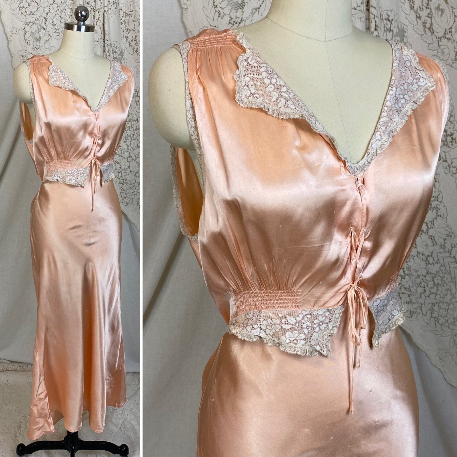 Vintage 1940's Nightgown | Rich Rose Gold Pink with Ruffled Lace & Lace-up Chest | Size M, LG | Betty Lou Lingerie - Daggers & Dames