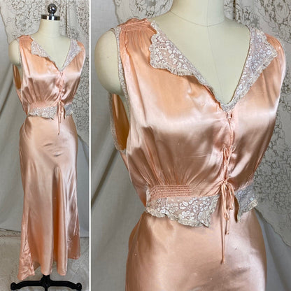 Vintage 1940's Nightgown | Rich Rose Gold Pink with Ruffled Lace & Lace-up Chest | Size M, LG | Betty Lou Lingerie - Daggers & Dames