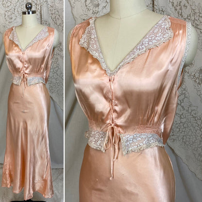 Vintage 1940's Nightgown | Rich Rose Gold Pink with Ruffled Lace & Lace-up Chest | Size M, LG | Betty Lou Lingerie - Daggers & Dames