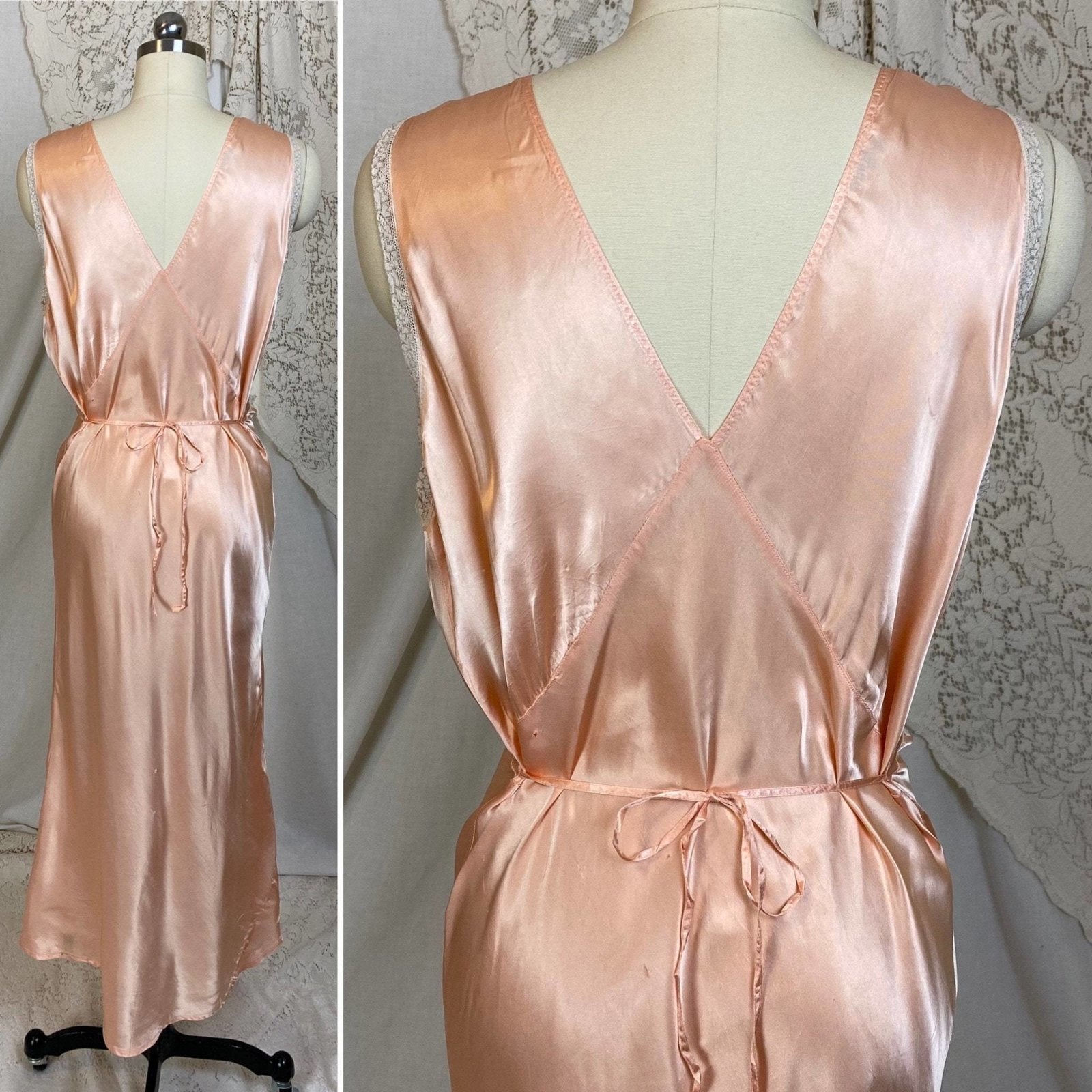 Vintage 1940's Nightgown | Rich Rose Gold Pink with Ruffled Lace & Lace-up Chest | Size M, LG | Betty Lou Lingerie - Daggers & Dames