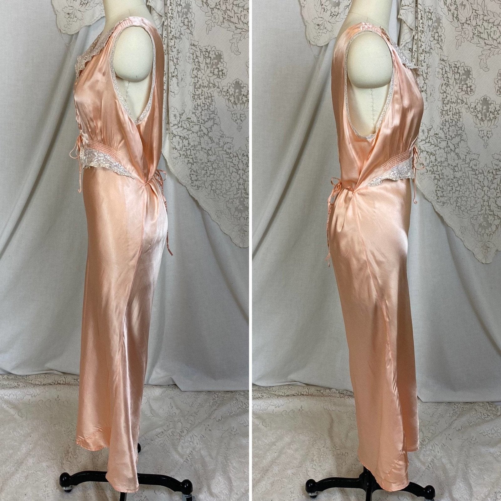 Vintage 1940's Nightgown | Rich Rose Gold Pink with Ruffled Lace & Lace-up Chest | Size M, LG | Betty Lou Lingerie - Daggers & Dames