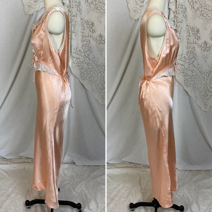 Vintage 1940's Nightgown | Rich Rose Gold Pink with Ruffled Lace & Lace-up Chest | Size M, LG | Betty Lou Lingerie - Daggers & Dames