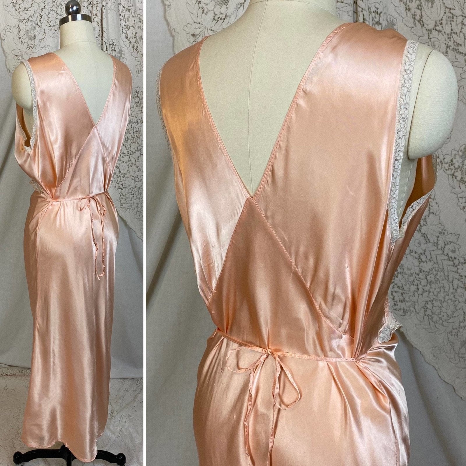 Vintage 1940's Nightgown | Rich Rose Gold Pink with Ruffled Lace & Lace-up Chest | Size M, LG | Betty Lou Lingerie - Daggers & Dames