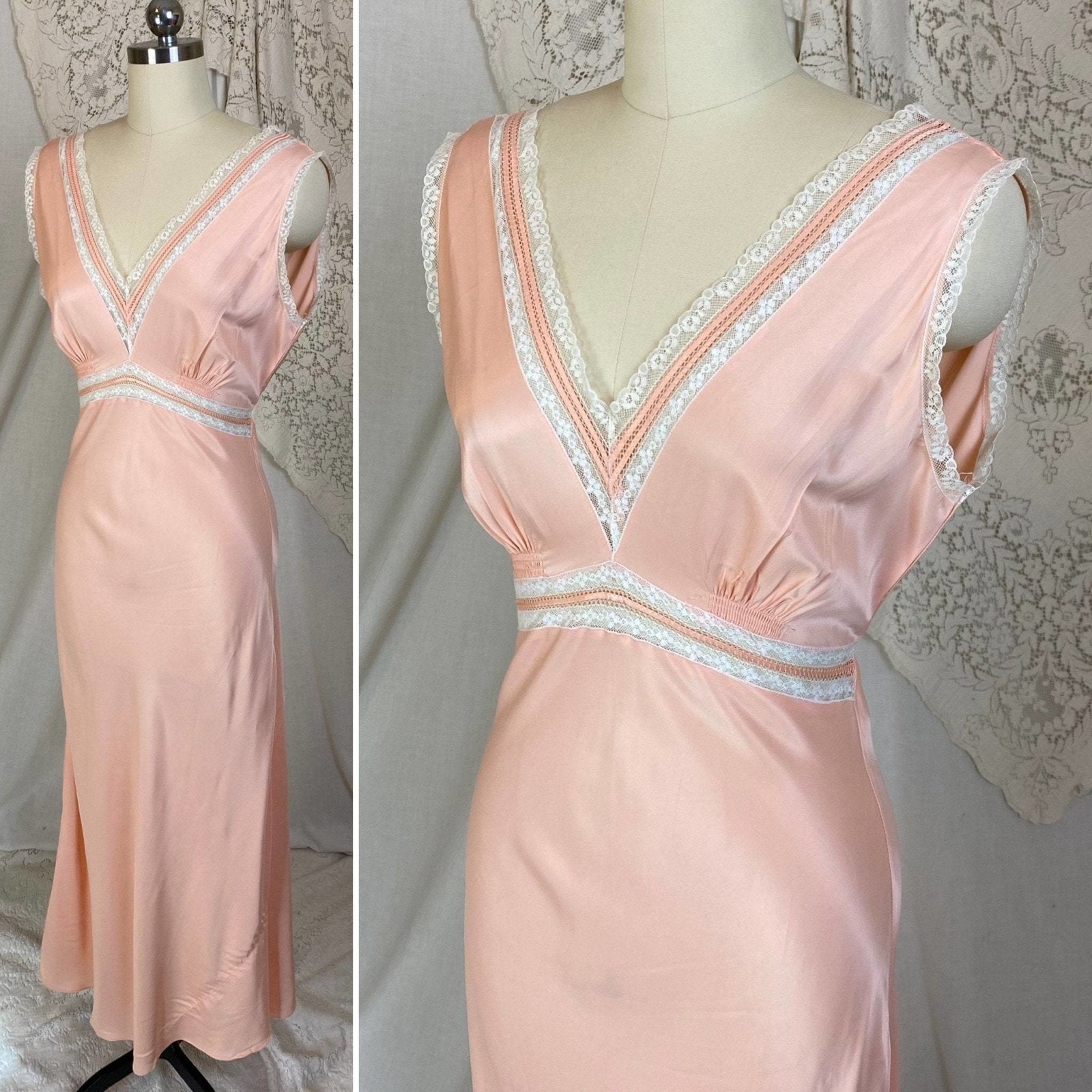 Vintage 1940's Nightgown | Rich Rose Pink Rayon Satin with White Floral Lace | Size XS, S | Never Worn - Daggers & Dames